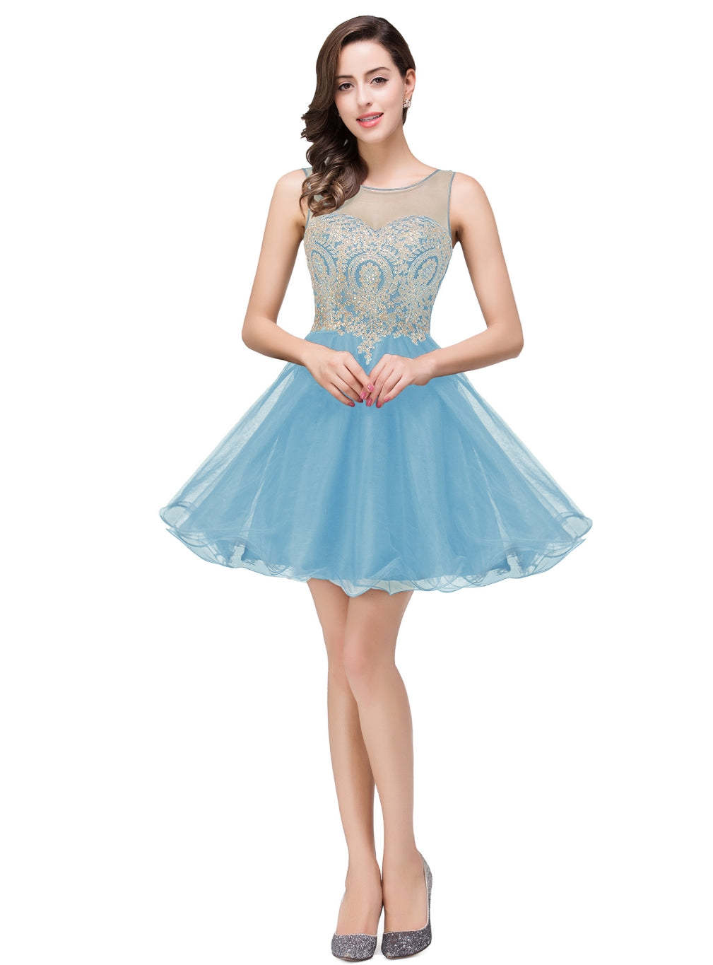 A-line Crew Sleeveless Gold Lace Appliques Knee Length Dress-BMbridal