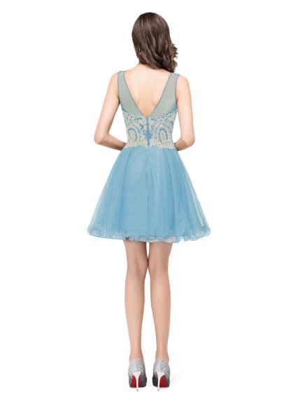 A-line Crew Sleeveless Gold Lace Appliques Knee Length Dress-BMbridal