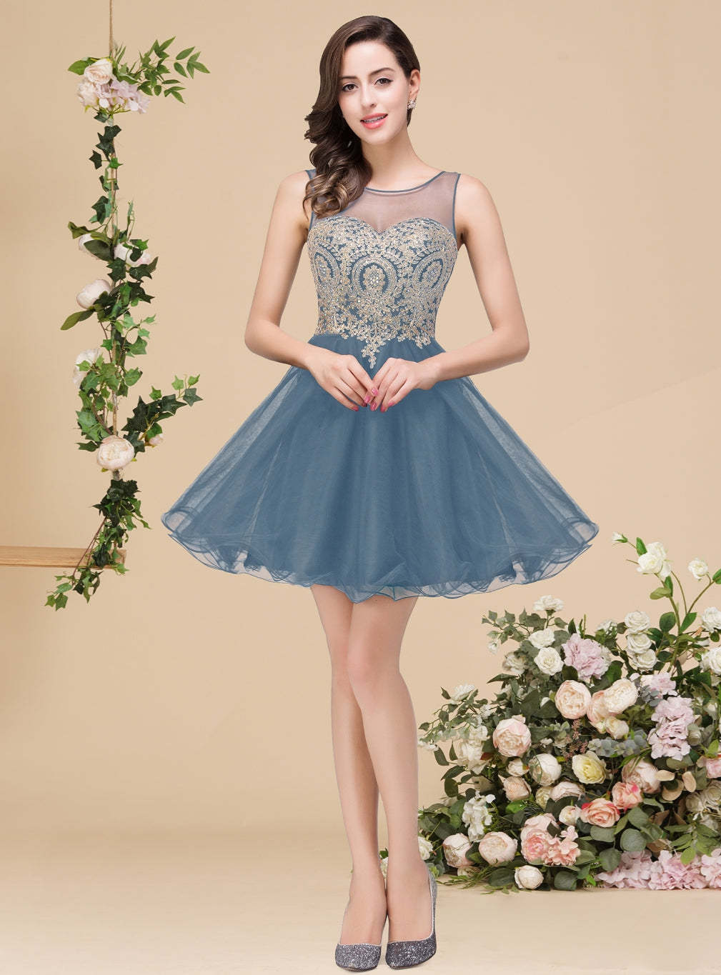A-line Crew Sleeveless Gold Lace Appliques Knee Length Dress-BMbridal