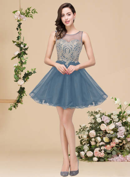 A-line Crew Sleeveless Gold Lace Appliques Knee Length Dress-BMbridal