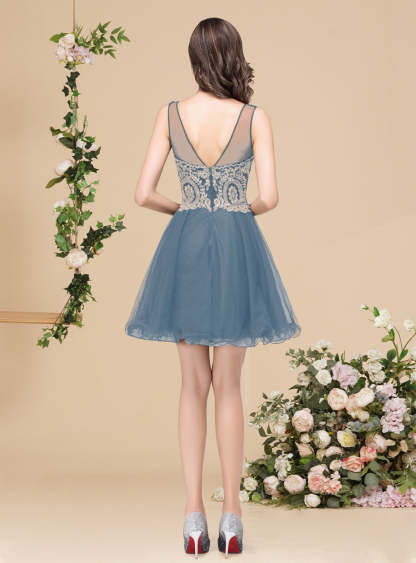A-line Crew Sleeveless Gold Lace Appliques Knee Length Dress-BMbridal