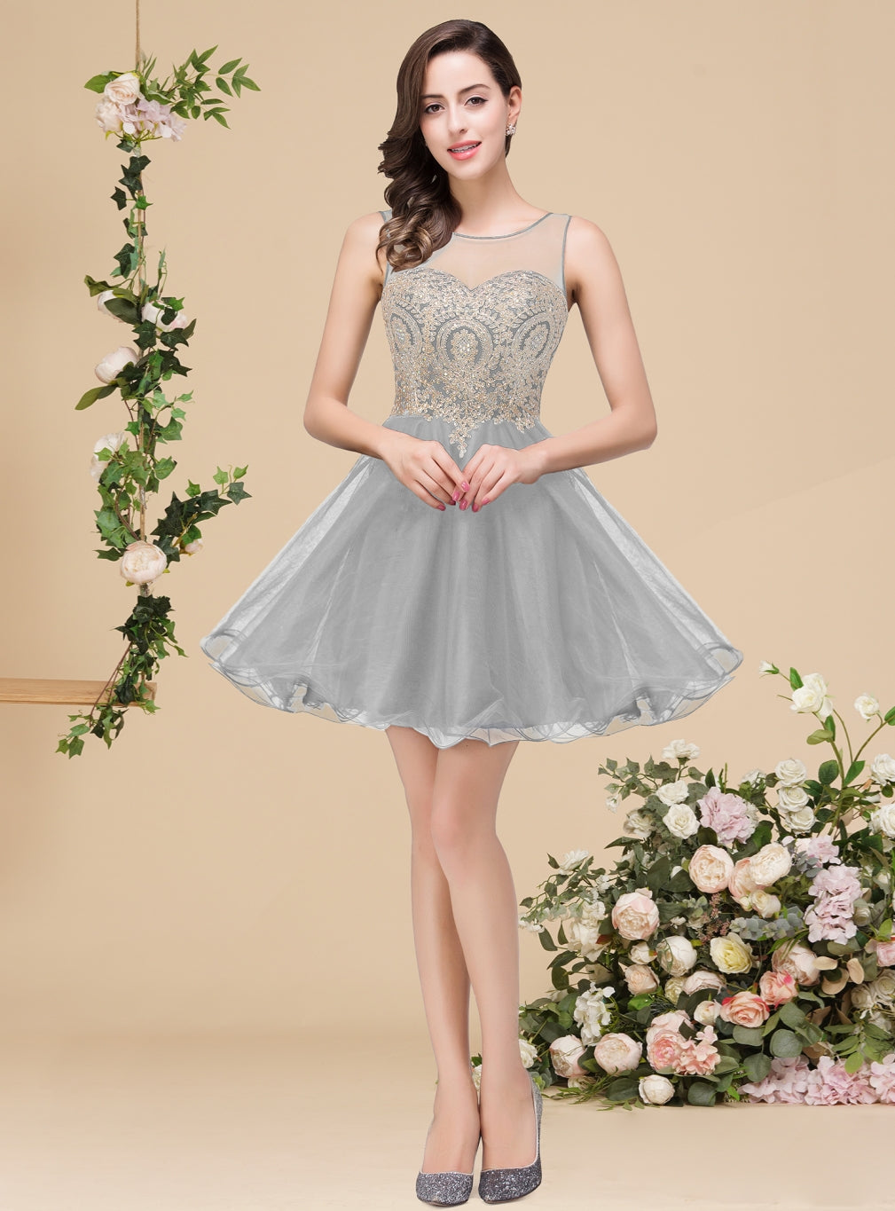 A-line Crew Sleeveless Gold Lace Appliques Knee Length Dress-BMbridal