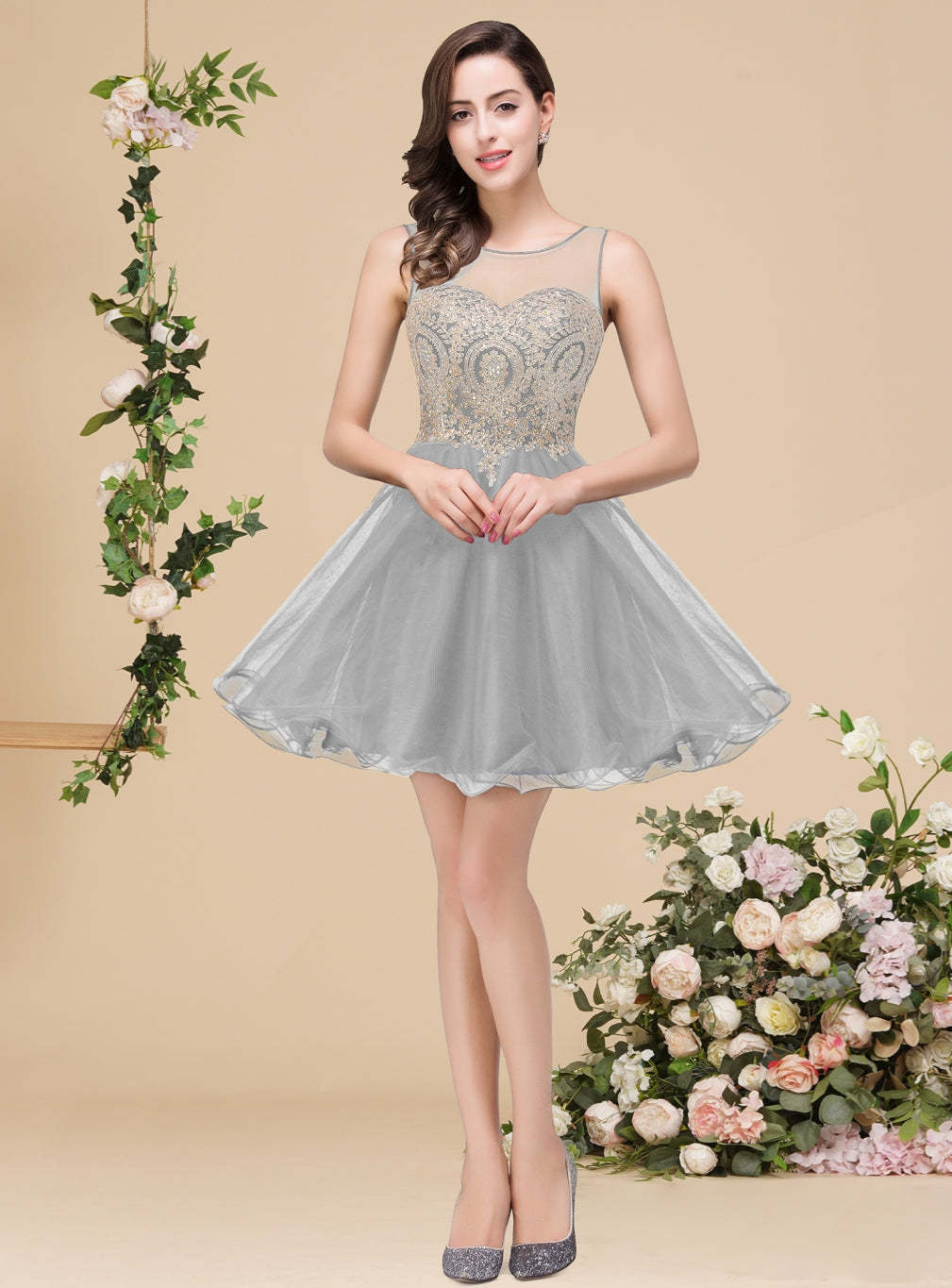 A-line Crew Sleeveless Gold Lace Appliques Knee Length Dress-BMbridal