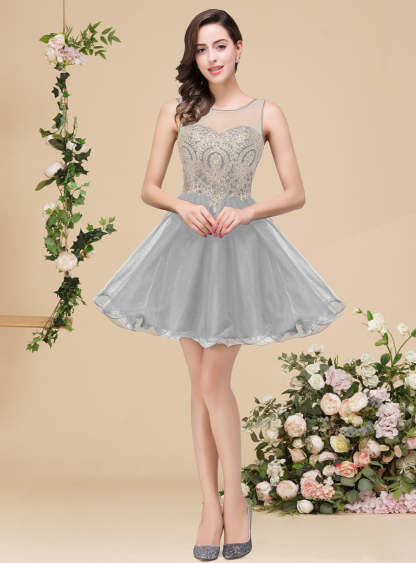 A-line Crew Sleeveless Gold Lace Appliques Knee Length Dress-BMbridal