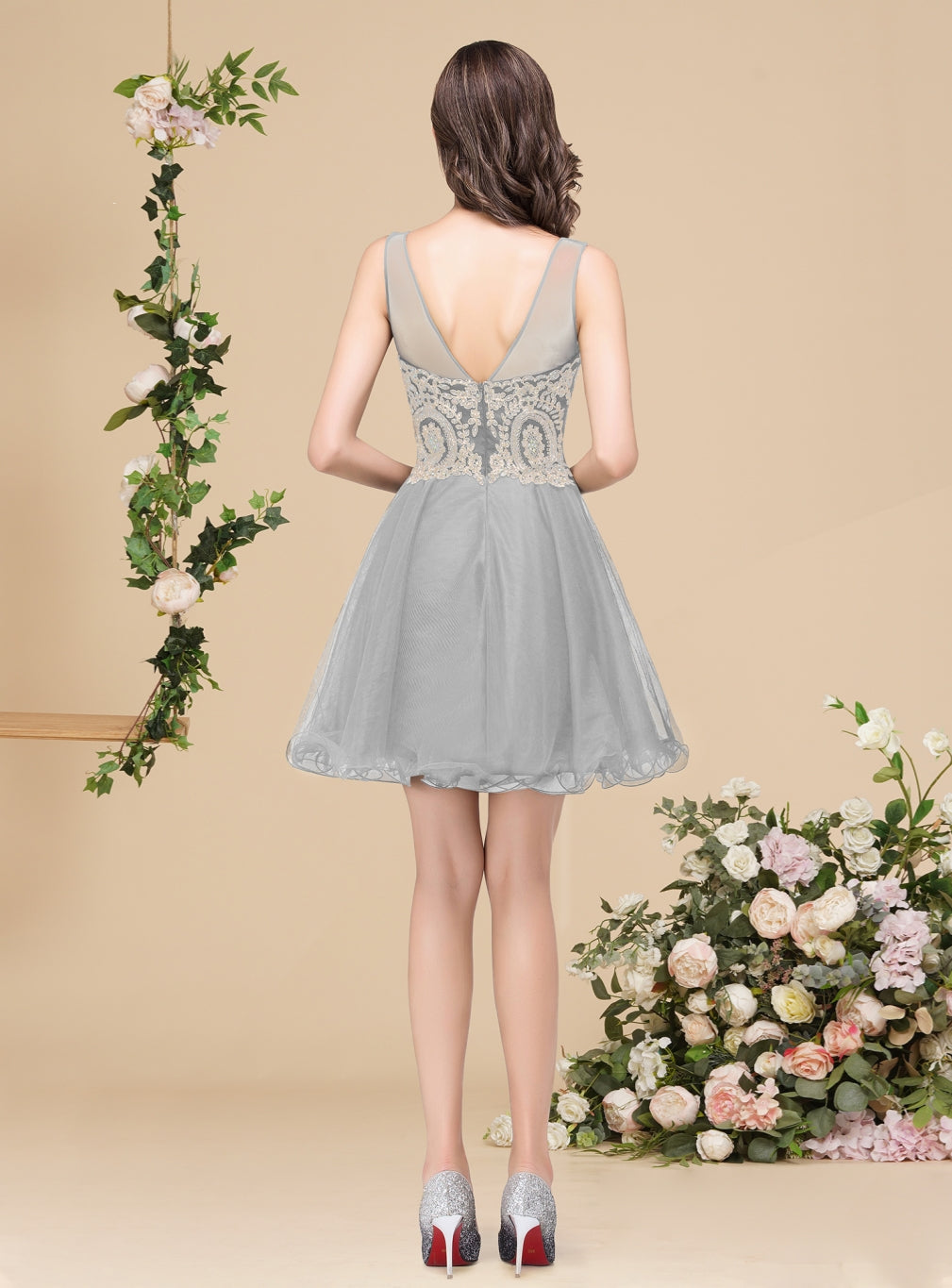 A-line Crew Sleeveless Gold Lace Appliques Knee Length Dress-BMbridal