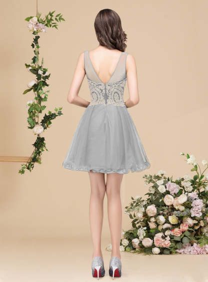 A-line Crew Sleeveless Gold Lace Appliques Knee Length Dress-BMbridal