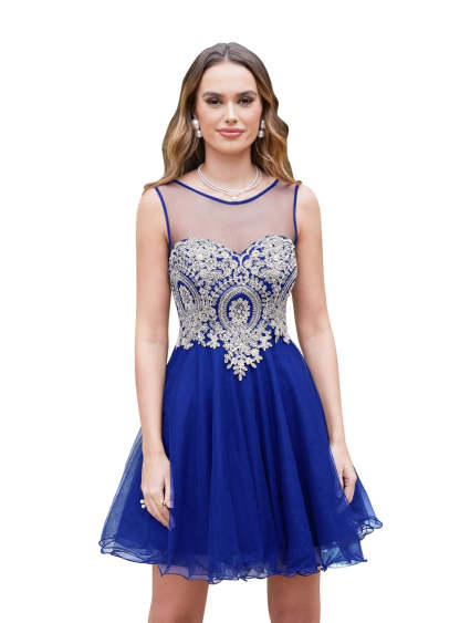 A-line Crew Sleeveless Gold Lace Appliques Knee Length Dress-BMbridal