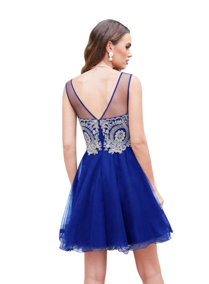 A-line Crew Sleeveless Gold Lace Appliques Knee Length Dress-BMbridal