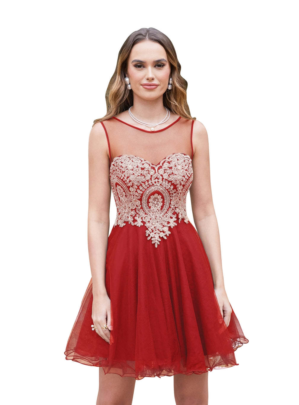 A-line Crew Sleeveless Gold Lace Appliques Knee Length Dress-BMbridal