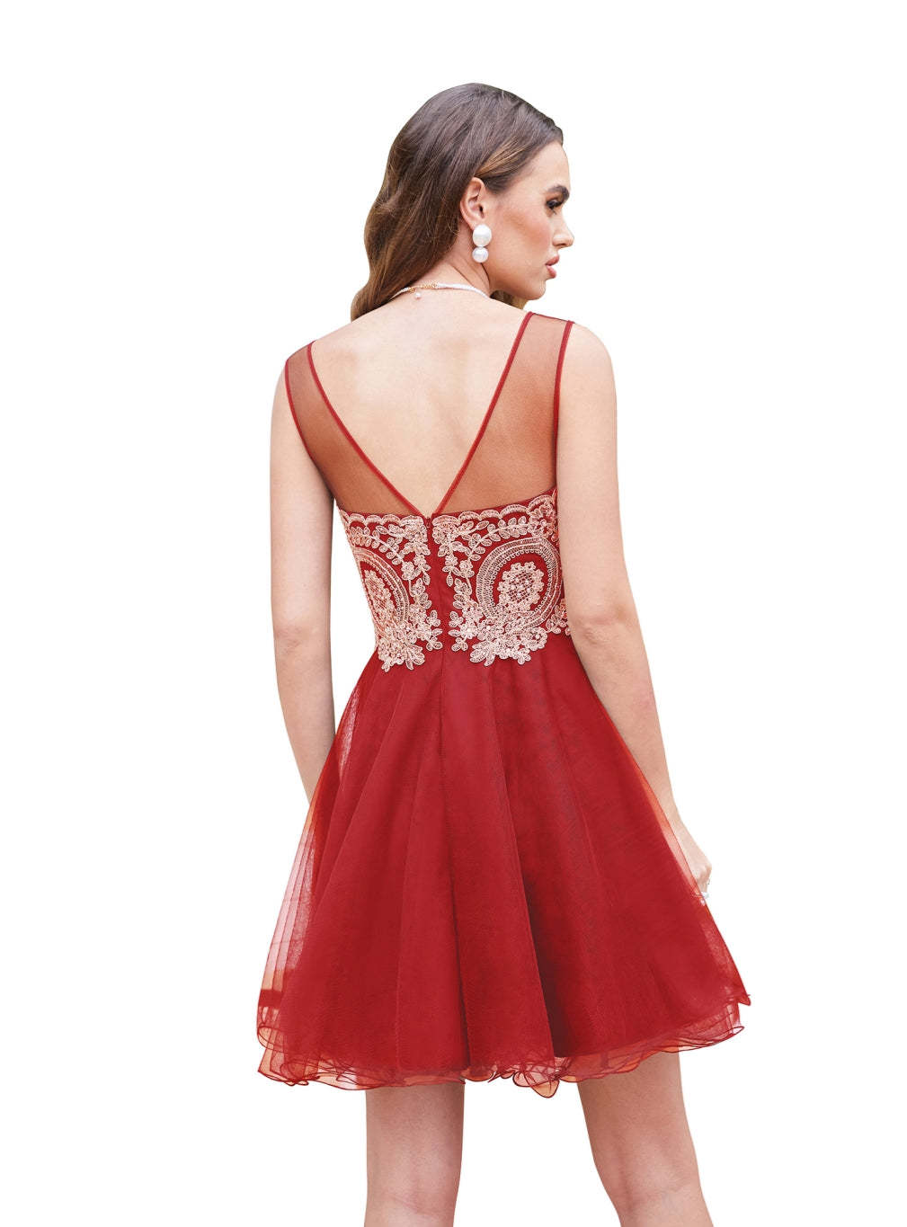 A-line Crew Sleeveless Gold Lace Appliques Knee Length Dress-BMbridal
