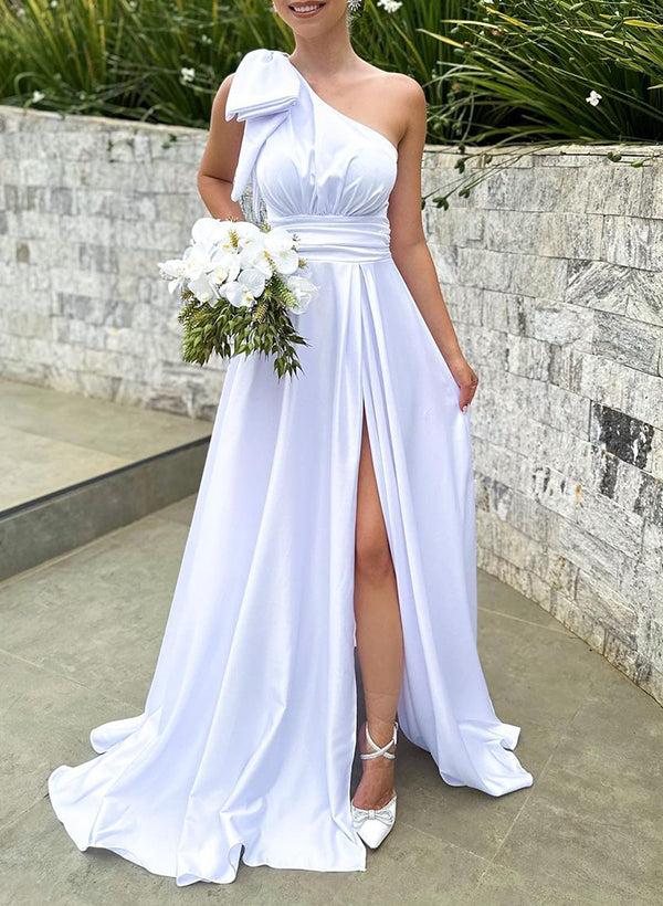 A-Line One-Shoulder Sleeveless Silk Like Satin Bridesmaid Dresses With Split Front/Bows