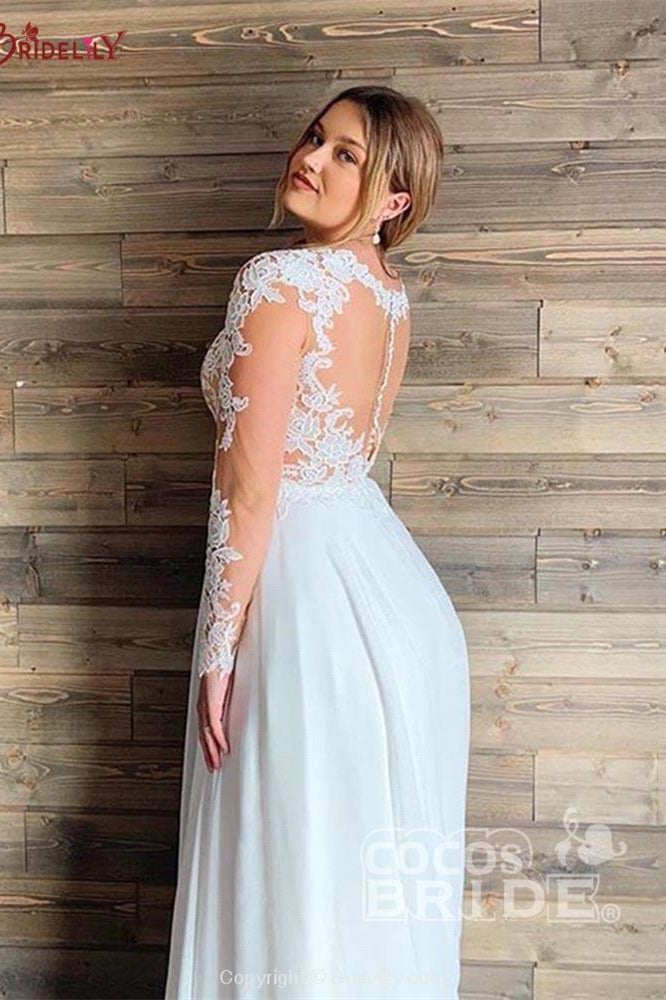 A-line Sheer Tulle Lace Wedding Gowns Long Sleeve Floor Length Beach Bridal Gowns-BMbridal.com