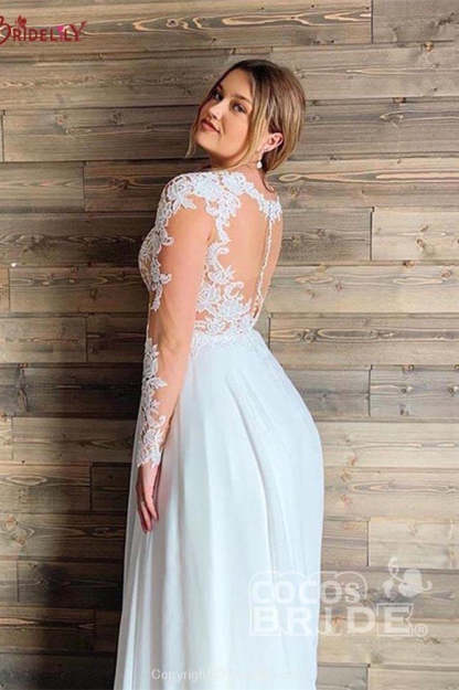A-line Sheer Tulle Lace Wedding Gowns Long Sleeve Floor Length Beach Bridal Gowns-BMbridal.com