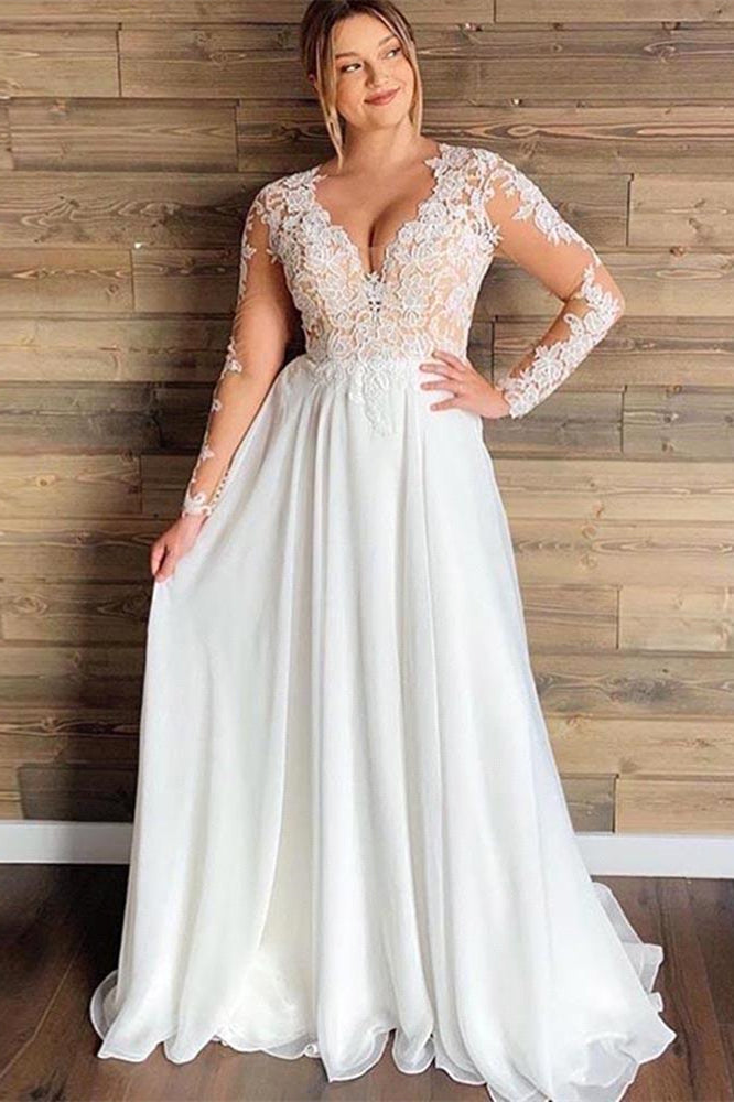 A-line Sheer Tulle Lace Wedding Gowns Long Sleeve Floor Length Beach Bridal Gowns-BMbridal.com