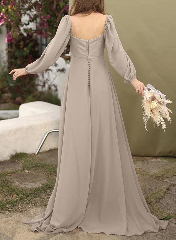A-Line Square Neckline Long Sleeves Sweep Train Chiffon Bridesmaid Dresses