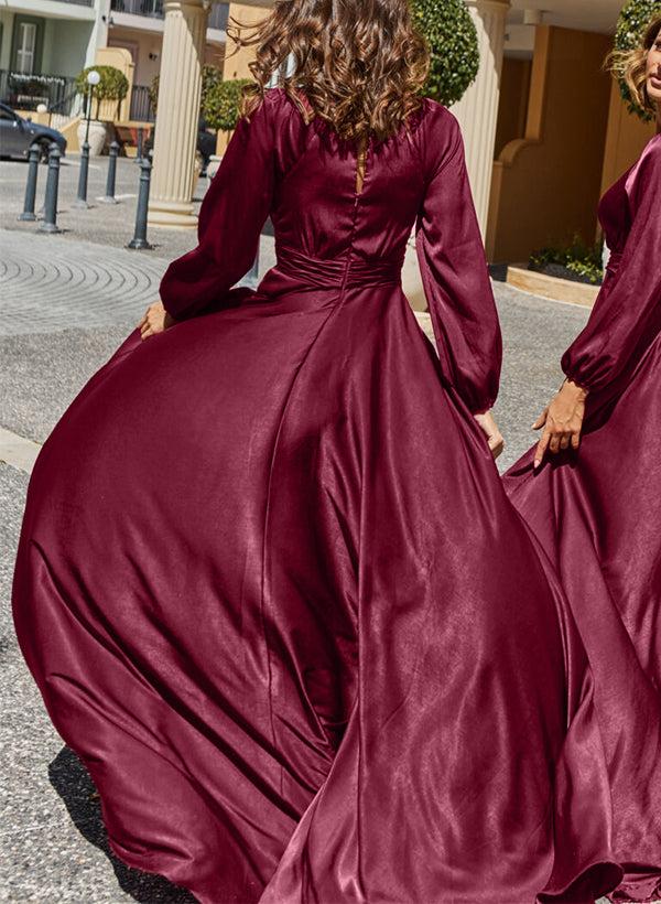 A-Line V-Neck Long Sleeves Silk-Like Satin Bridesmaid Dresses With Split Front