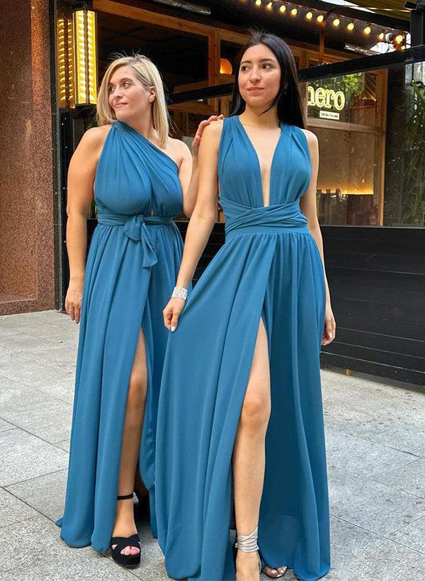 A-Line V-Neck/One-Shoulder Chiffon Bridesmaid Dresses With Front Split