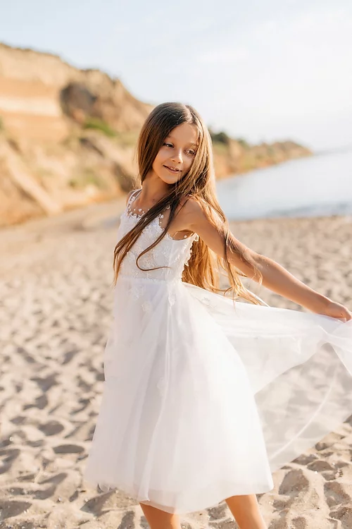 A-line White Sleeveless Straps Flower Girls Dress With Lace-BMbridal.com