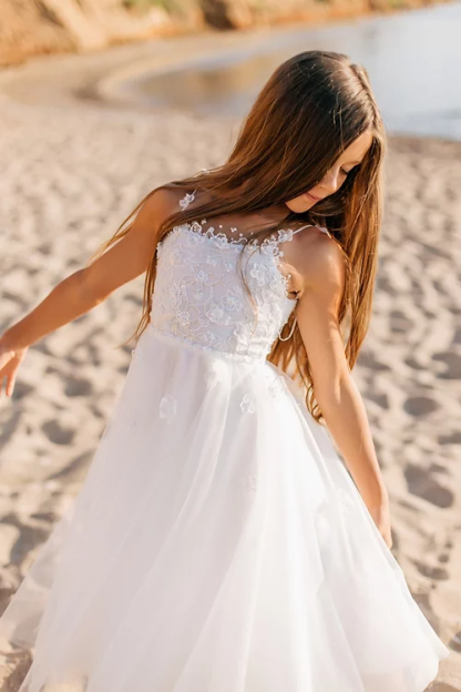 A-line White Sleeveless Straps Flower Girls Dress With Lace-BMbridal.com