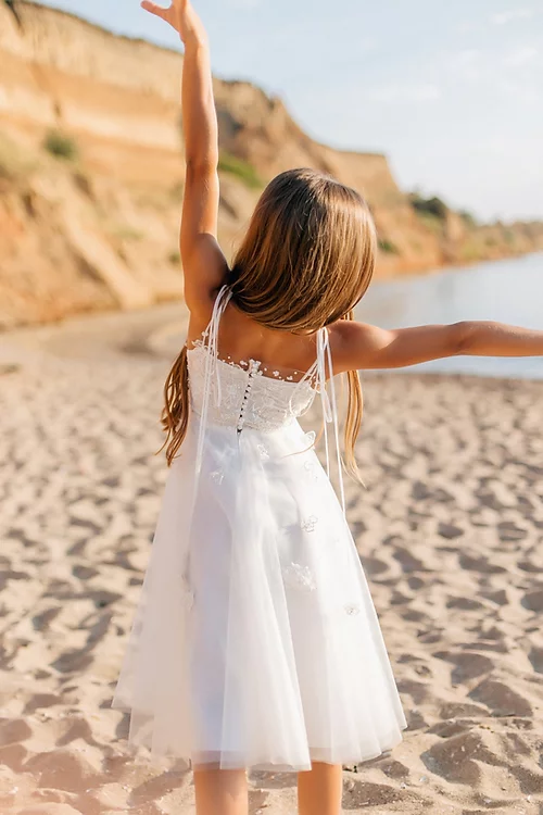 A-line White Sleeveless Straps Flower Girls Dress With Lace-BMbridal.com
