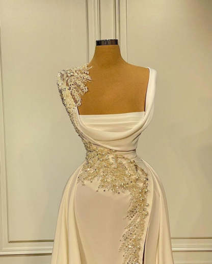 A-Line Wide Straps Square Neckline Beading Prom Dress With Side Slit-BMbridal.com