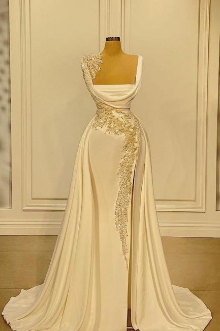 A-Line Wide Straps Square Neckline Beading Prom Dress With Side Slit-BMbridal.com