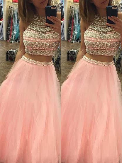 A-Line/Elegant Halter Sleeveless Tulle Floor-Length Beading Two Piece Prom Dresses