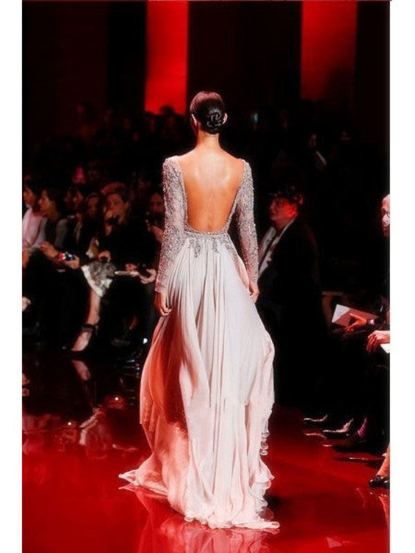 A-Line/Elegant High Neck Long Sleeves Applique Chiffon Prom Dresses-BMbridal