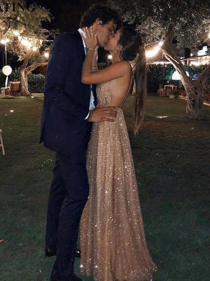 A-Line/Elegant Paillette Tulle V-neck Floor-Length Sleeveless Prom Dresses