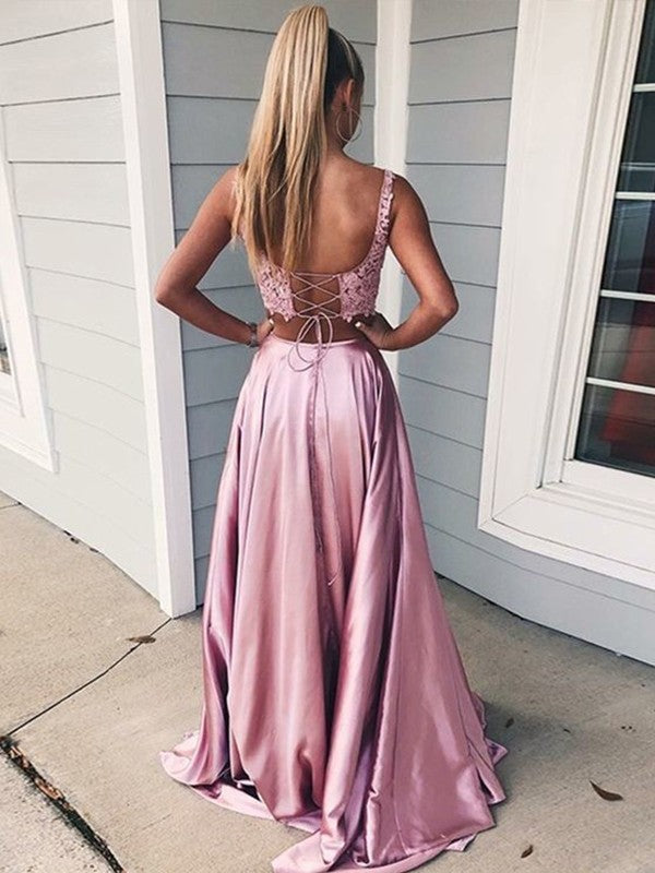 A-Line/Elegant Sleeveless Square Applique Silk like Satin Two Piece Prom Dresses-BMbridal