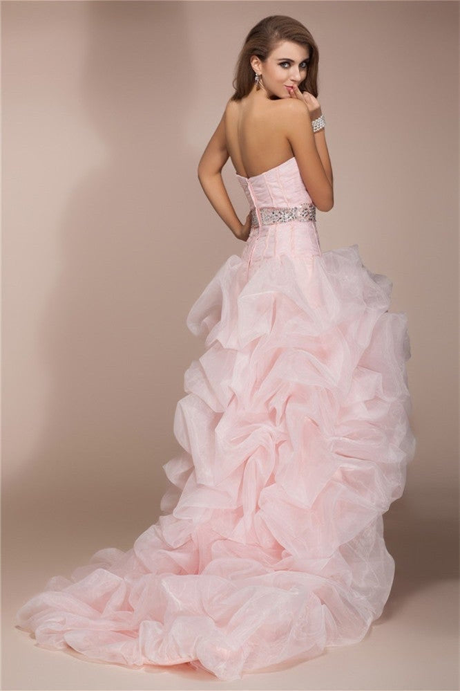 A-Line/Elegant Sweetheart Sleeveless High Low Beading Organza Prom Dresses-BMbridal.com
