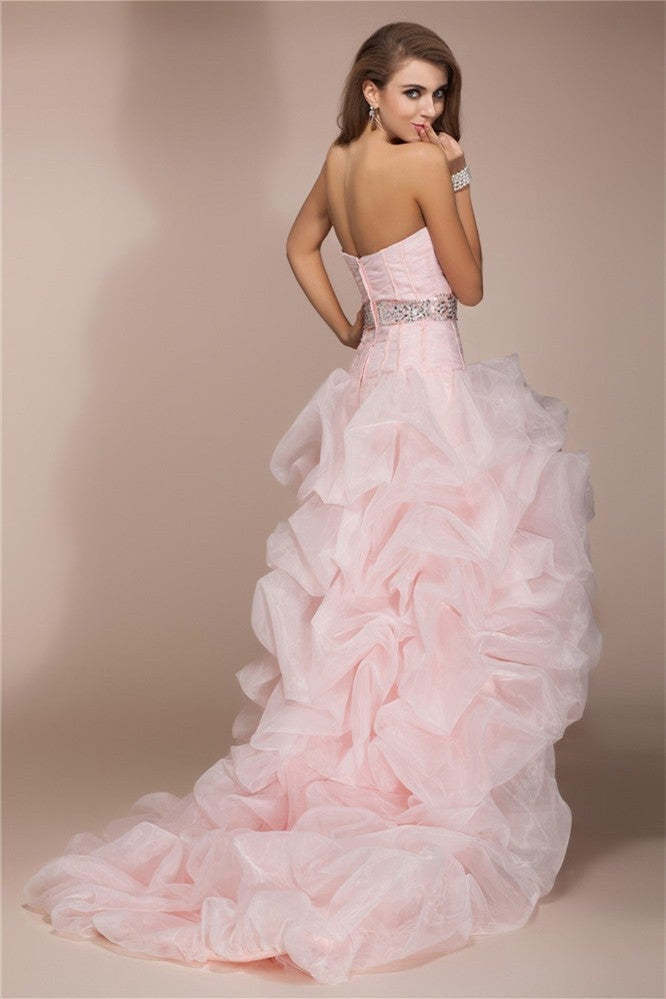 A-Line/Elegant Sweetheart Sleeveless High Low Beading Organza Prom Dresses-BMbridal.com