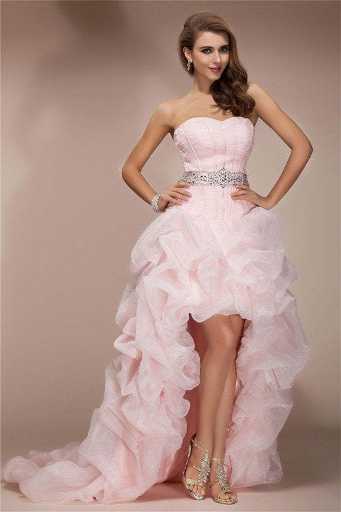 A-Line/Elegant Sweetheart Sleeveless High Low Beading Organza Prom Dresses-BMbridal.com