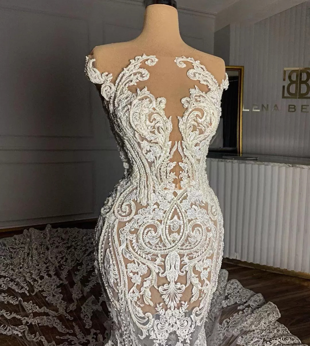 Bmbridal Cap Sleeves Lace Wedding Dress Mermaid Long On Sale-BMbridal