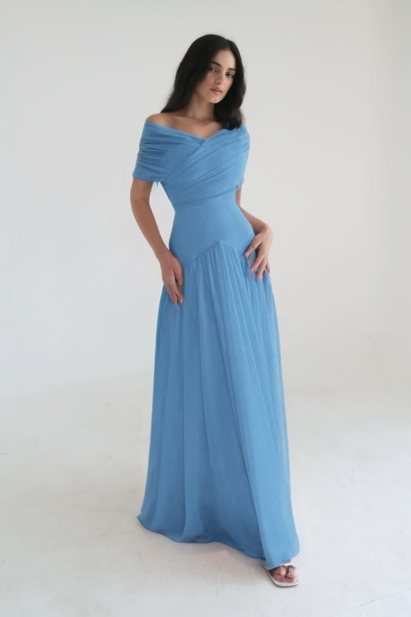 Chiffon Off the Shoulder Sleeveless Long Prom Dress With Pleated