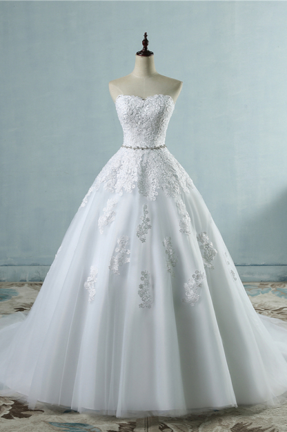BMbridal Sexy Strapless Sweetheart Tulle Wedding Dress Sleeveless Appliques Bridal Gowns with Beadings Sash-BMbridal