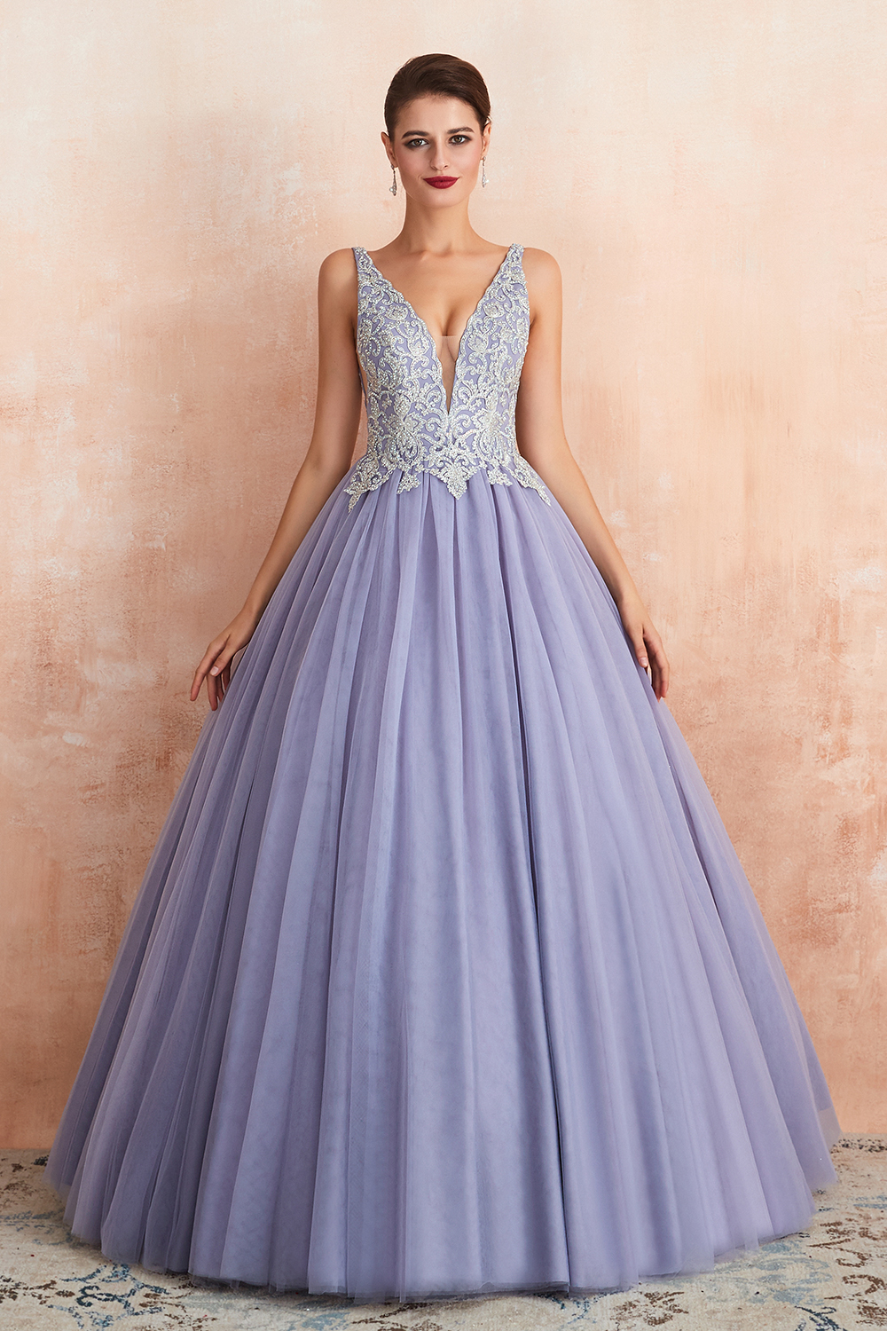 BMbridal Gorgeous Lavender Lace Prom Dress V-Neck Ball Gown Tulle Formal Wears