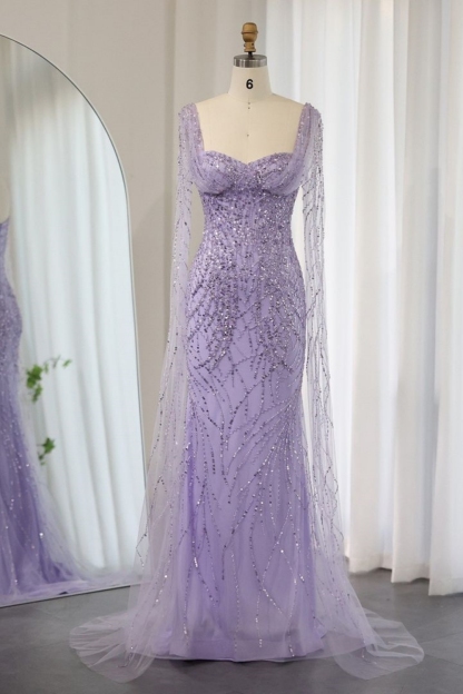 Bmbridal Lilac Tulle Square Column Sleeveless Floor-Length Prom Dresses with Lace