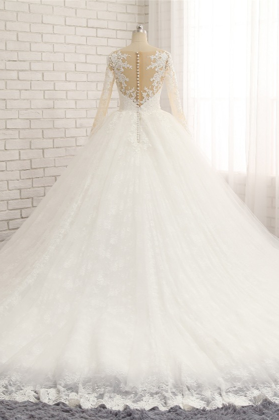 BMbridal Affordable White Tulle Ruffles Wedding Dresses Jewel Longsleeves Lace Bridal Gowns With Appliques Online-BMbridal