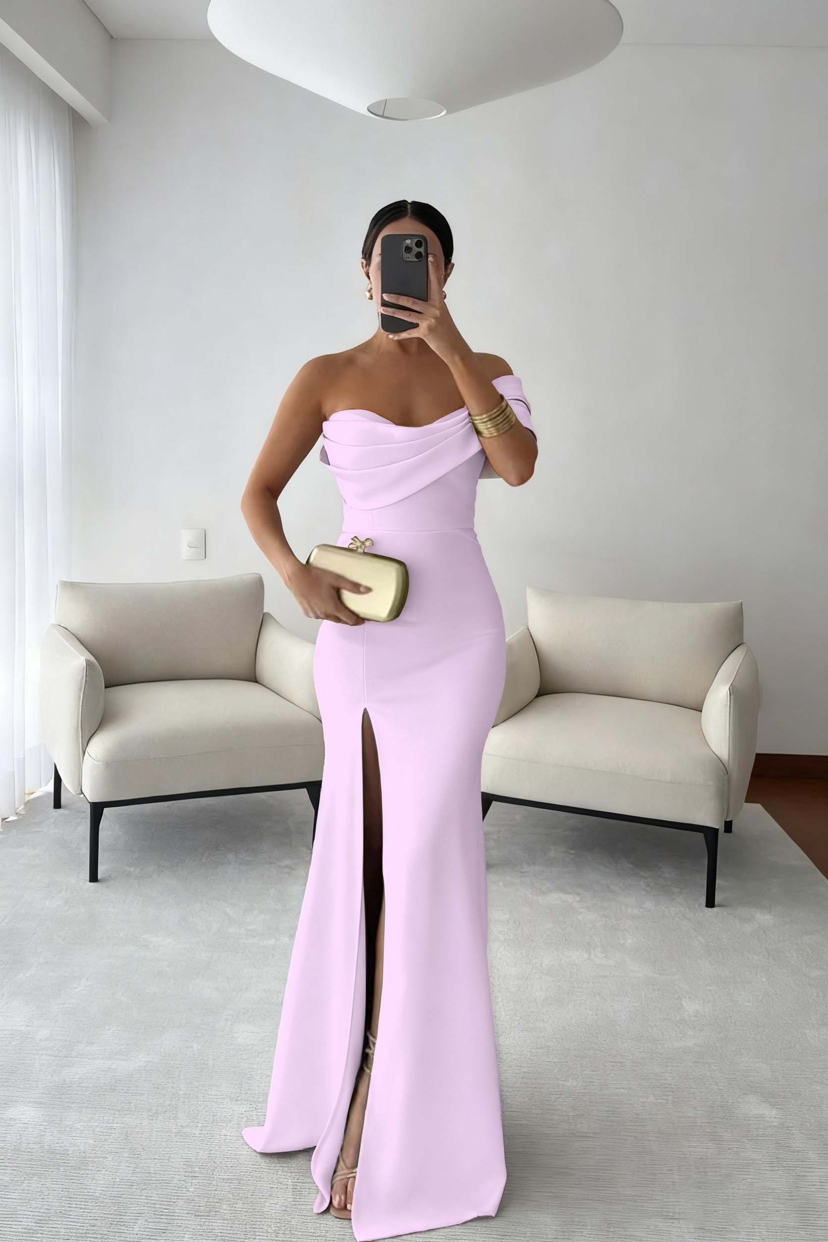 One Shoulder Sleeveless Long Mermaid Prom Dress With Split Pleated