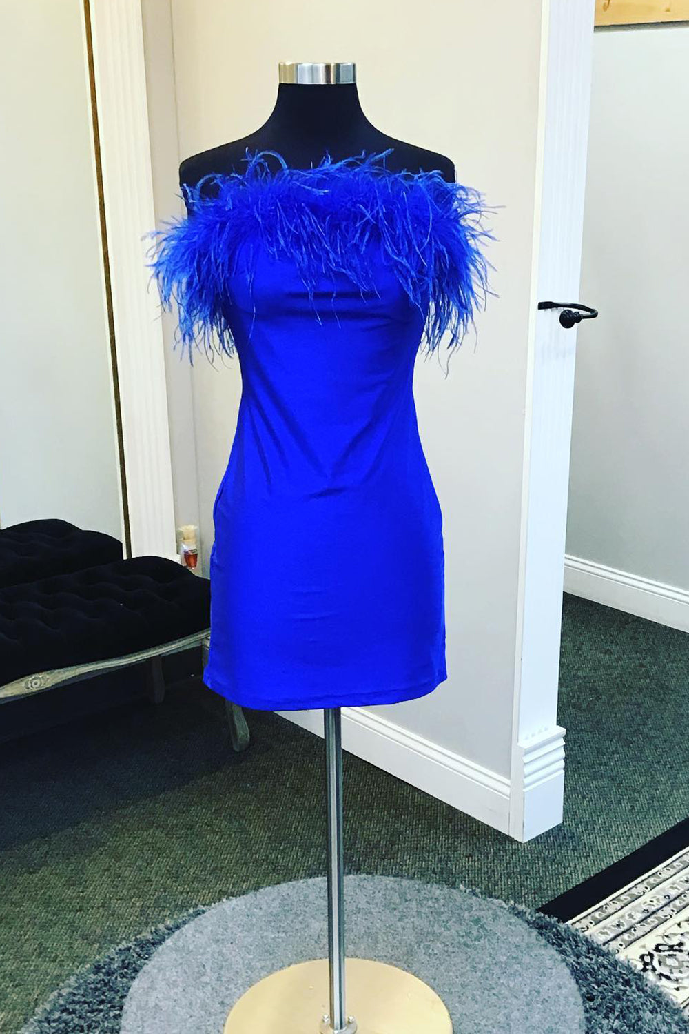Royal Blue Satin Tight Short Homecoming Dress with Feathers-BMbridal