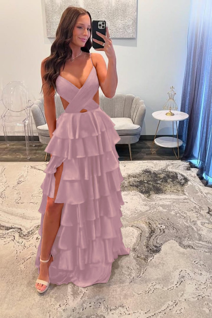 Spaghetti Strap Sleeveless Long Split Prom Dress With Ruffles