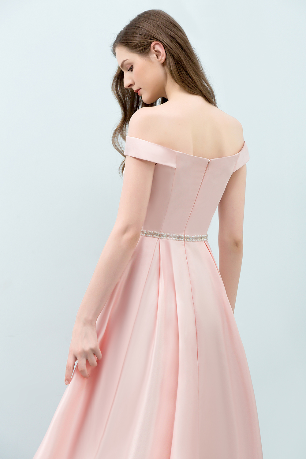 BMbridal A-line Off-shoulder Tea Length Pink Prom Dress with Sash