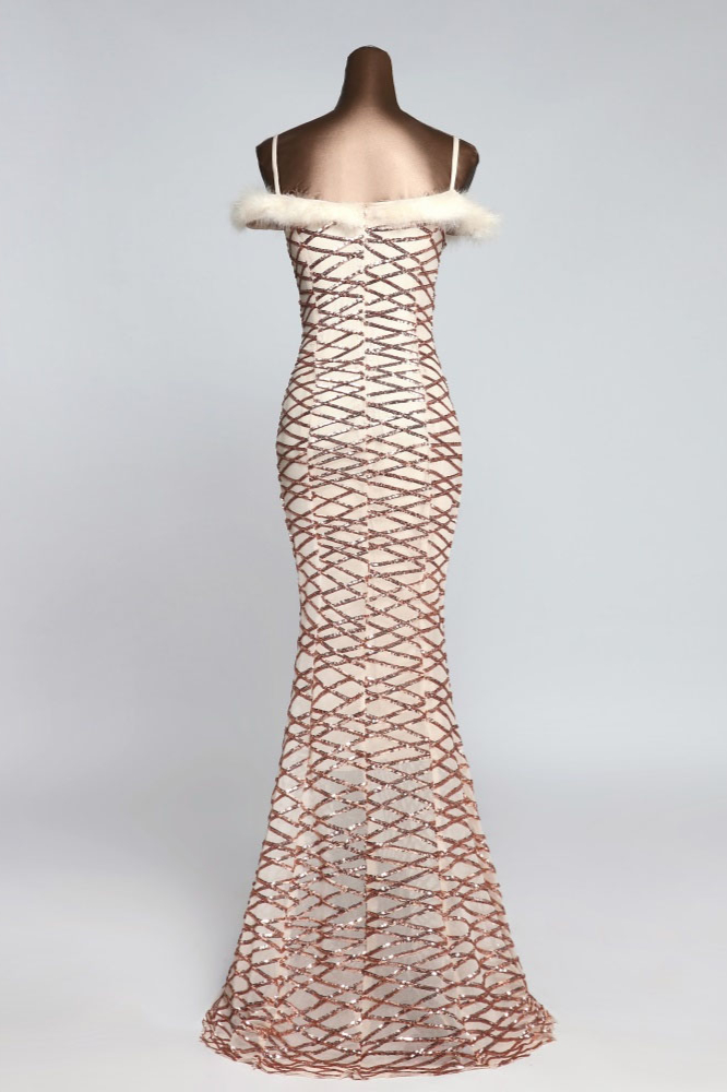 BMbridal Glamorous Sequined Off-the-Shoulder Mermaid Prom Dresses with Fur