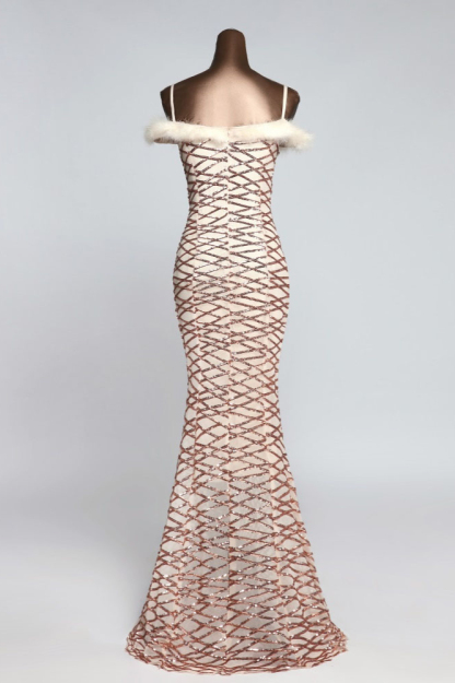 BMbridal Glamorous Sequined Off-the-Shoulder Mermaid Prom Dresses with Fur