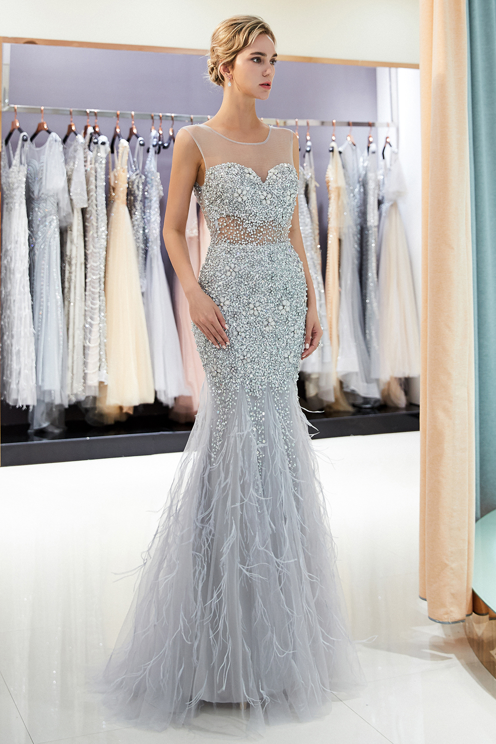BMbridal Chic Mermaid Sleeveless Prom Dresses Illusion Neckline Crystal Sqeuined Tulle Evening Dresses-BMbridal