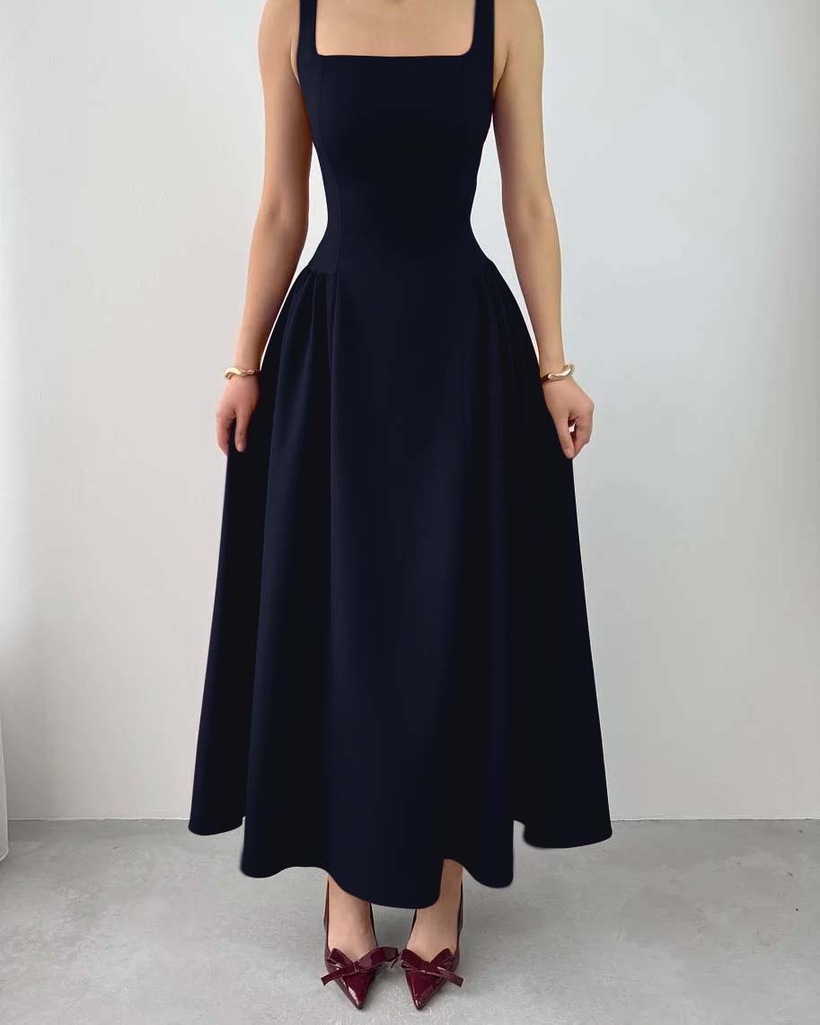 Sleeveless Square Neck Straps Tea Length Prom Dress With Pleated