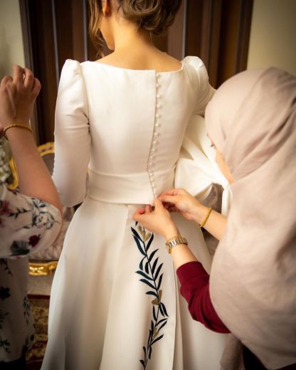 Classic Satin Long A-Line Bateau Wedding Dress with Sleeves