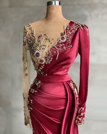 BMbridal Burgundy Long Sleeves Mermaid Prom Dress With Beadings