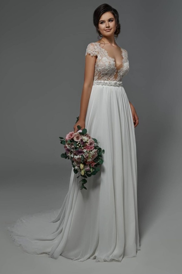 Bmbridal Cap Sleevels Lace Chiffon Wedding Dress Boho Bridal Gown-BMbridal